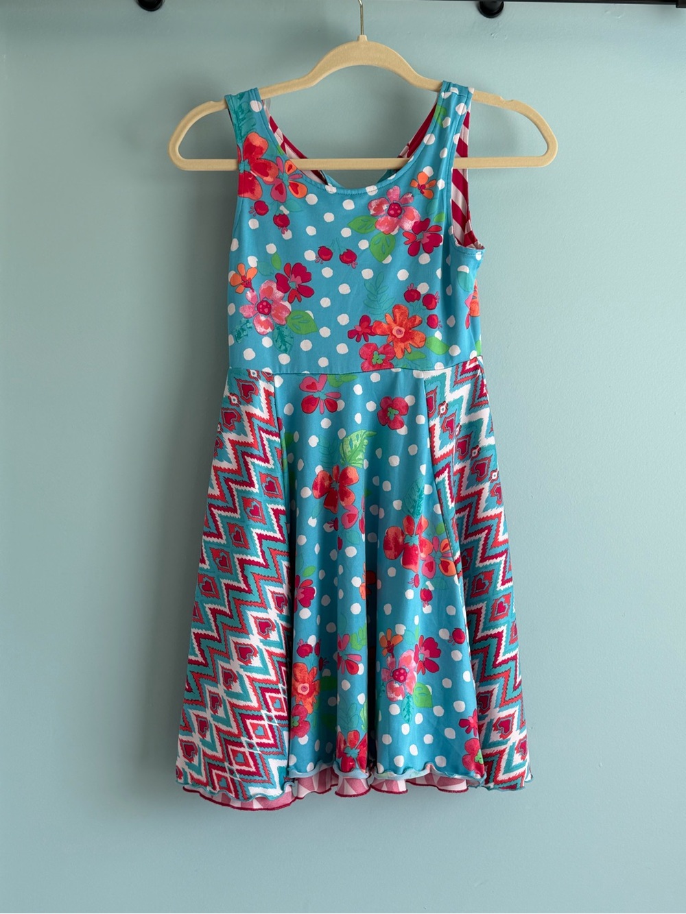 Kahn Lucas Girls Size 12 Reversible Dress Blue Floral Pink Chevron Sleeveless